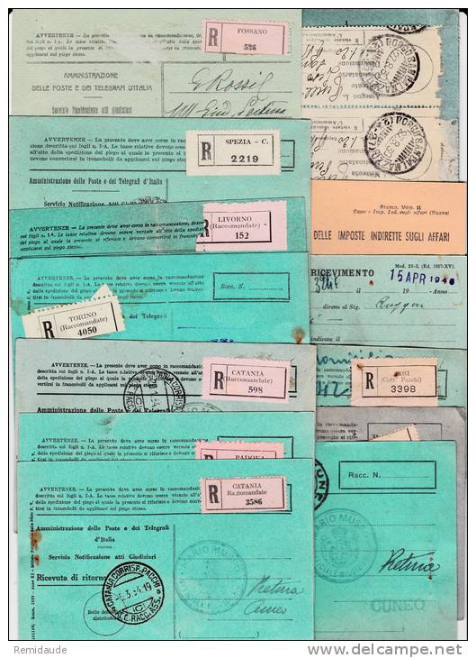 ITALIE - 1926/1946 - 13 CARTES POSTALES DOCUMENT POSTAL - LA PLUPART RECOMMANDES De OU Pour CUNEO - POUR SPECIALISTE - Franchise