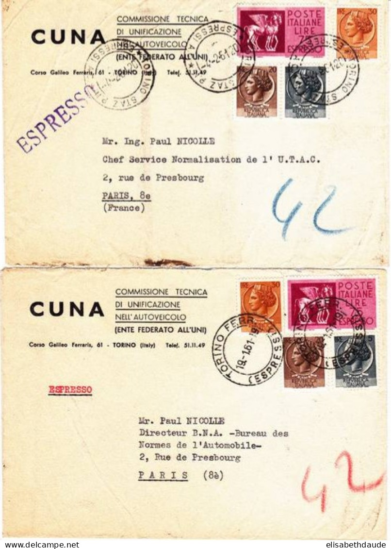 ITALIE - 1961 - 2 LETTRES COMMERCIALES Par EXPRES De TURIN Pour PARIS Avec CACHETS PNEUMATIQUES Au DOS - Express/pneumatic Mail