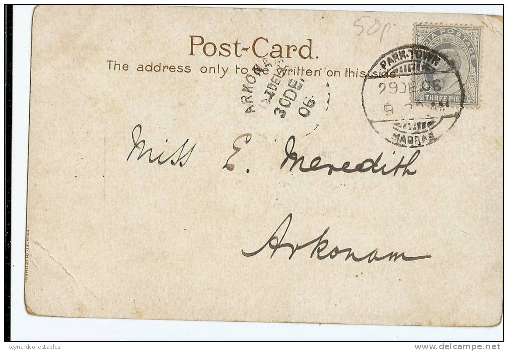 1906 India Village Bombay Presidency  Ppc/cpa Used Park Town To Arkonam Postmark - India