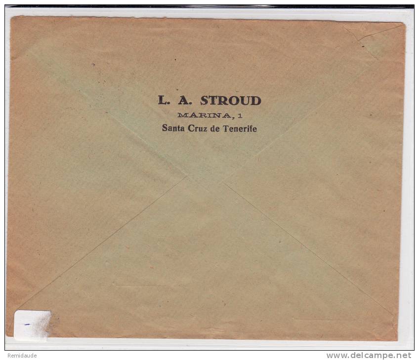 ESPAGNE - 1938 - ENVELOPPE Avec CENSURE De SANTA CRUZ DE TENERIFE Pour L´ANGLETERRE Par BATEAU "BANADEROS" - Nationalists Censor Marks