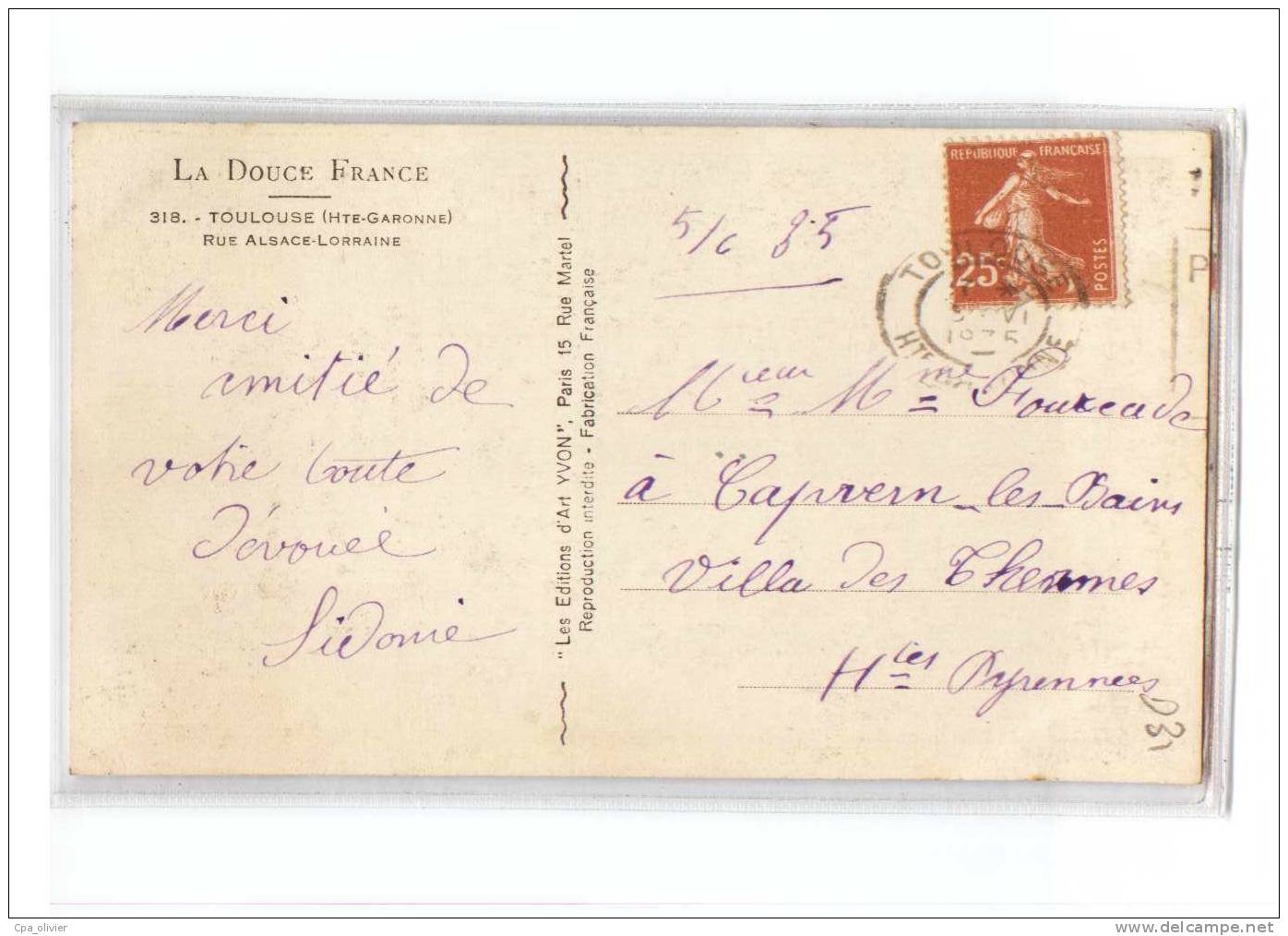 31 TOULOUSE Rue Alsace Lorraine, Animée, Tramway, Ed Yvon 318, Douce France, CPSM 9x14, 1935 - Toulouse