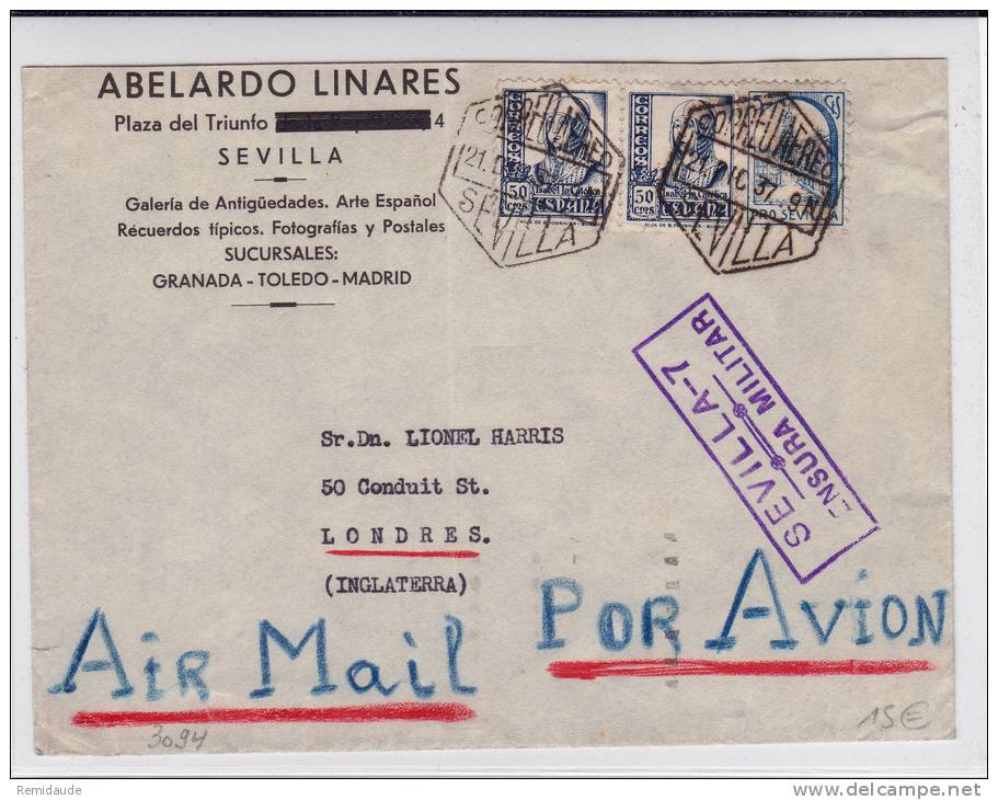 ESPAGNE - 1937 - ENVELOPPE Par AVION Avec CENSURE De SEVILLA 7 Pour LONDRES - Marques De Censures Nationalistes