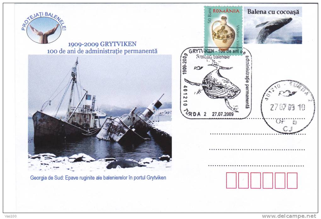 Protect Whales,baleines1909-2009, Rusty Wreck In Port GRYTVIKEN Georgia De Sud, Stationery Cover - Romania. - Wale