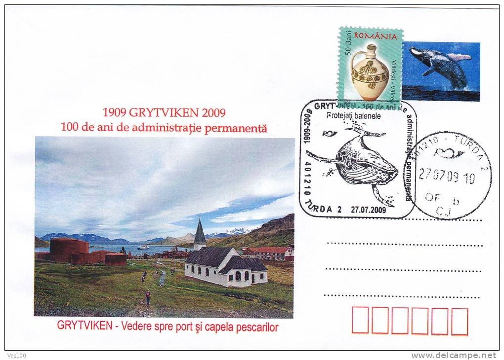 Protect Whales,baleines1909-2009, Rusty Wreck In Port GRYTVIKEN Georgia De Sud, Stationery Cover - Romania. - Baleines