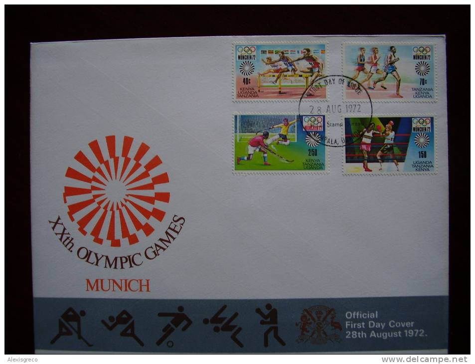 KUT 1972 MUNICH OLYMPICS Issue FULL SET FOUR STAMPS To 2/50 On FDC. - Kenya, Uganda & Tanzania