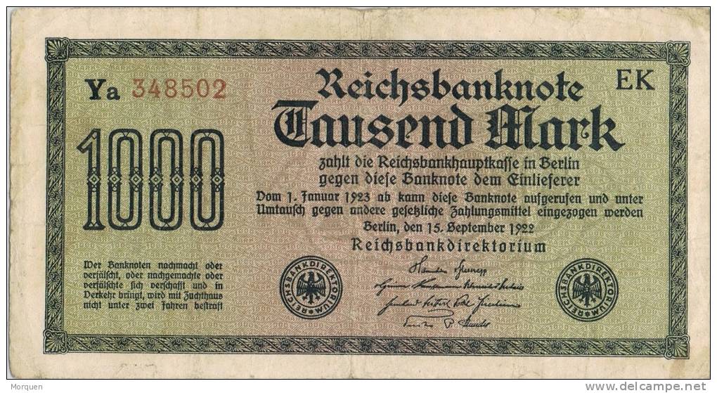 Billete 1000 Mark ALEMANIA REICH Año 1922 - 1000 Mark