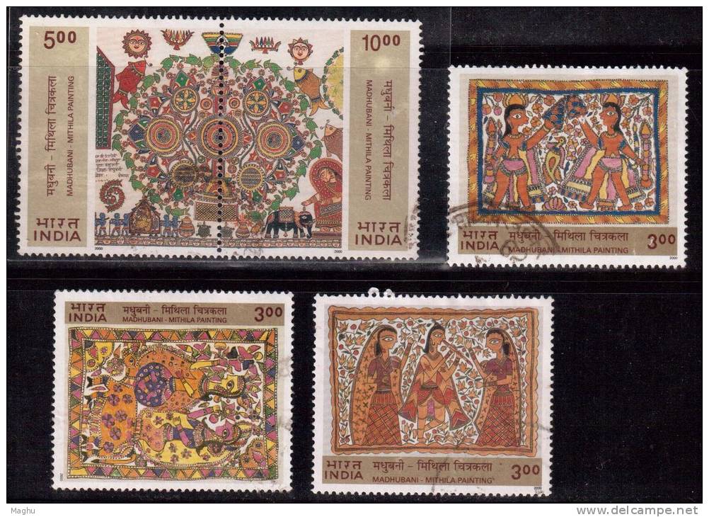 Se-tenent Used Set Of 5, India Used 2000, Madhubani Painting, Elephant, Flute Music, Etc., - Oblitérés