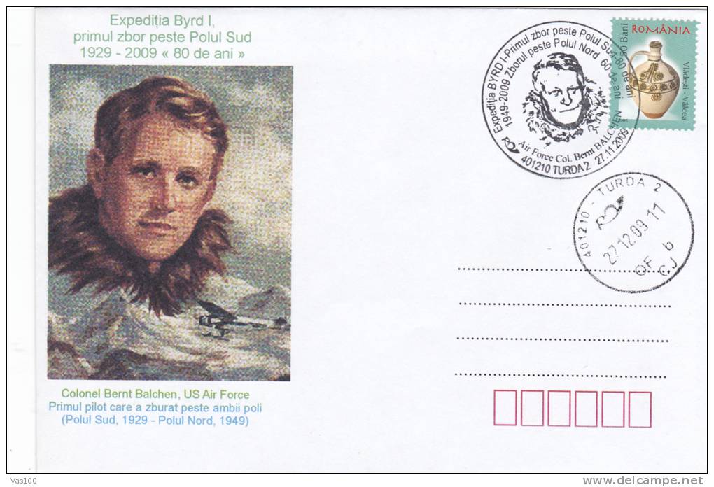 U.S. Air Force First Pilot Bernt Balchen Flew Over Both Poles To North And South,cover Stationery Romania. - Explorateurs & Célébrités Polaires