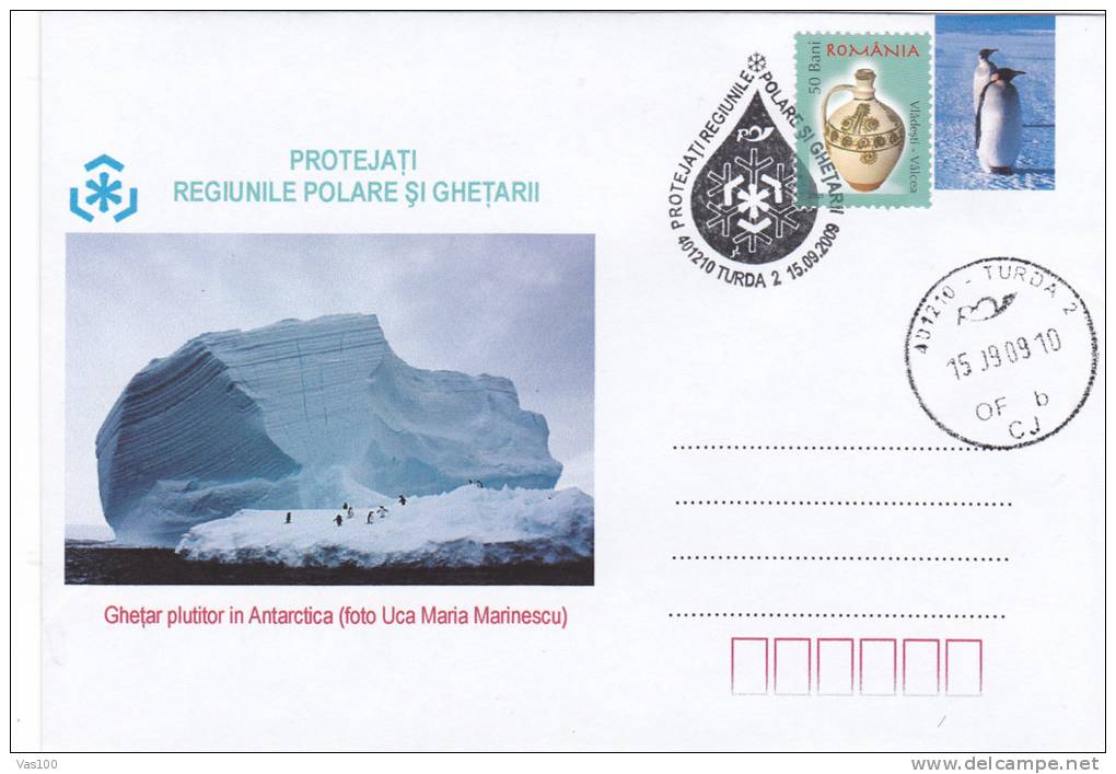 Glaciers And Penguins In Antarctica Protection,cover Stationery Romania. - Programmes Scientifiques