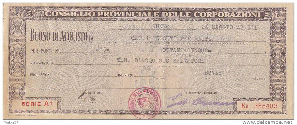 F-0684- Fascismo - Consiglio Provinciale Delle Corporazioni Buono D'Acquisto - Cuneo 26/05/43 - Altri & Non Classificati