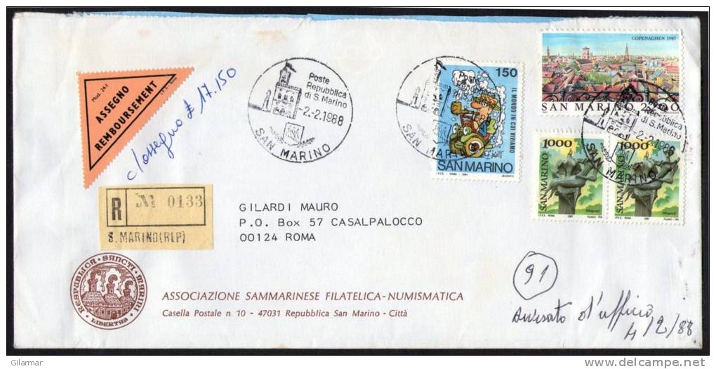 SAN MARINO 1988 - LETTERA RACCOMANDATA CONTRO ASSEGNO - FUMETTI / COPENHAGEN - Storia Postale