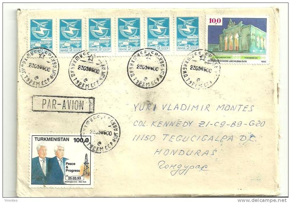 Turkmenistan Cover To Honduras 1996 ( Soviet + Bill Clinton Stamps) - Turkmenistán