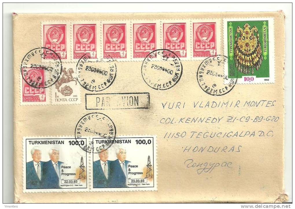 Turkmenistan Cover To Honduras 1996 ( Soviet + Bill Clinton Stamps) - Turkménistan