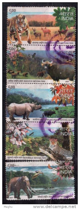 Se-tenent Used India 2007, National Parks, Set Of 5, Animals, Elephants, Rhino, Leopard, Tiger, Nature, Environment Prot - Rhinocéros