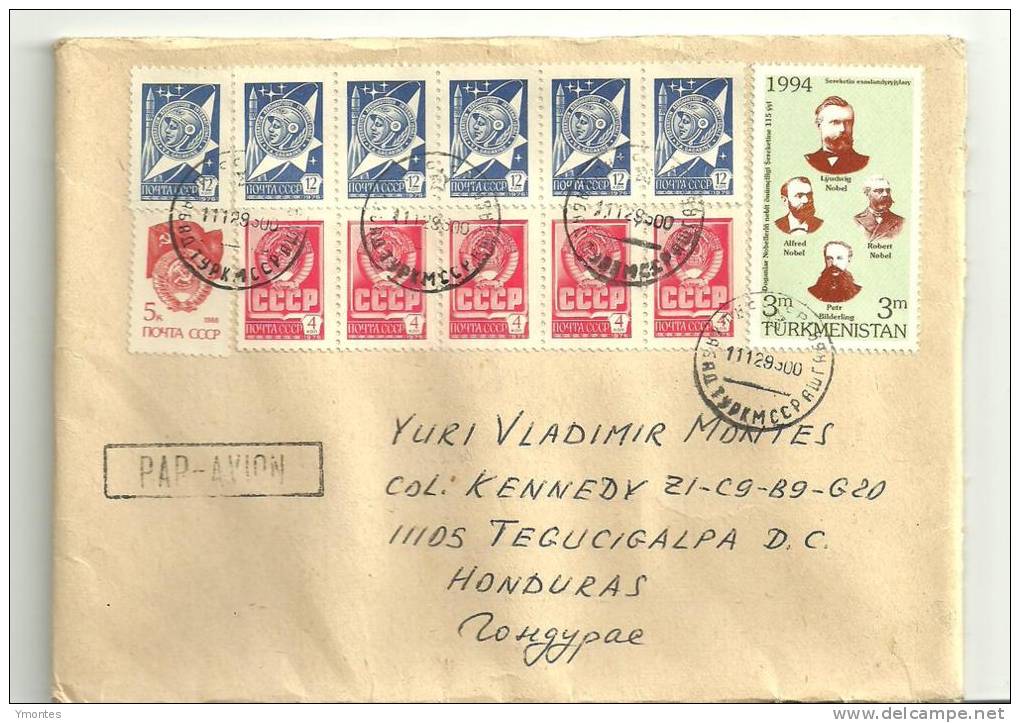 Cover Turkmenistan To Honduras 1995 ( USSR + Alfred Nobel Stamps) - Turkmenistan
