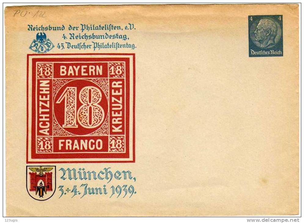 Drittes Reich 1939 Ganzsachenumschlag Zum 45. Dt. Philatelistentag München 4.6.1939 [A] @ - Enteros Postales Privados