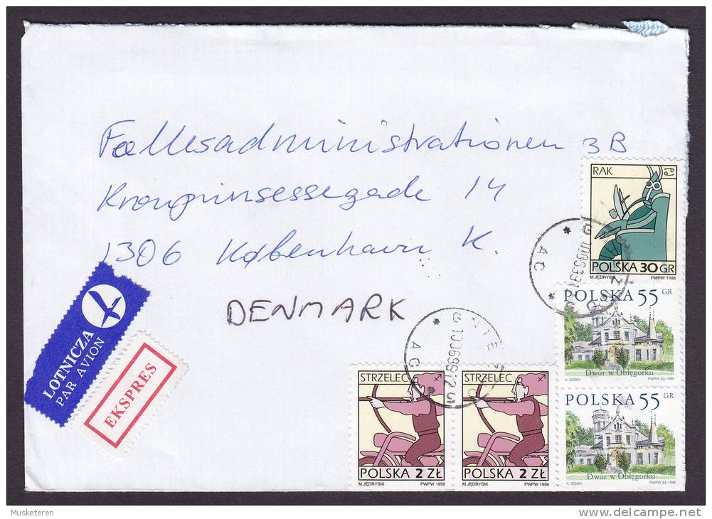 Poland Airmail Lotnicza Par Avion EKSPRES EXPRESS Label GNIEZNO 1999 Cover To Denmark - Airplanes