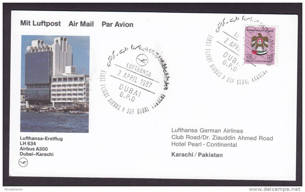 United Arab Emirates Airmail Luftpost Par Avion Lufthansa-Erstflug 1st Flight 1987 Card DUBAI - KARACHI Pakistan - Dubai