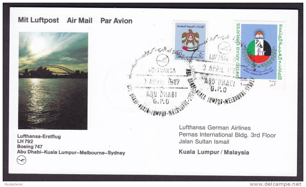 United Arab Emirates Airmail Luftpost Par Avion Lufthansa-Erstflug 1st Flight 1987 Card ABU DHABI-KUALA LUMPUR Malaysia - Abu Dhabi