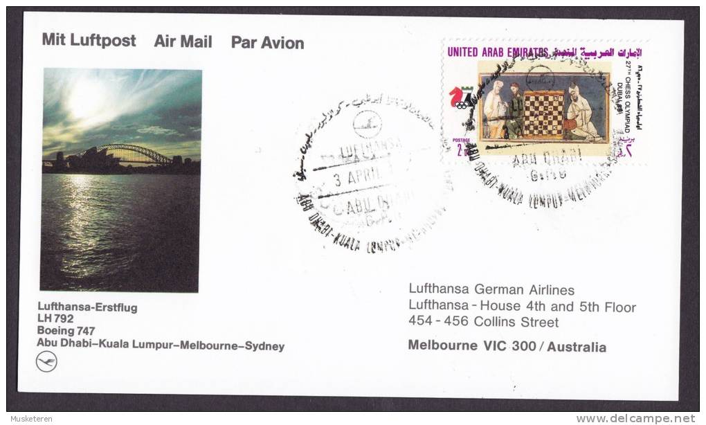 United Arab Emirates Airmail Luftpost Lufthansa-Erstflug 1st Flight 1987 Card ABU DHABI - MELBOURNE Australia Chess - Abu Dhabi