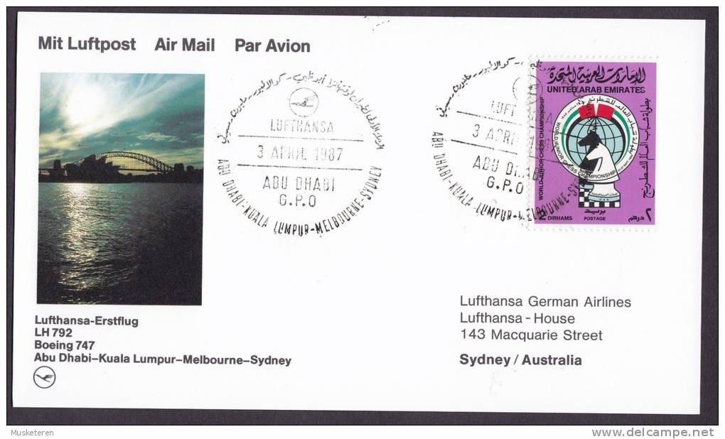 United Arab Emirates Airmail Luftpost Lufthansa-Erstflug 1st Flight 1987 Card ABU DHABI - SYDNEY Australia Chess Champ. - Abu Dhabi