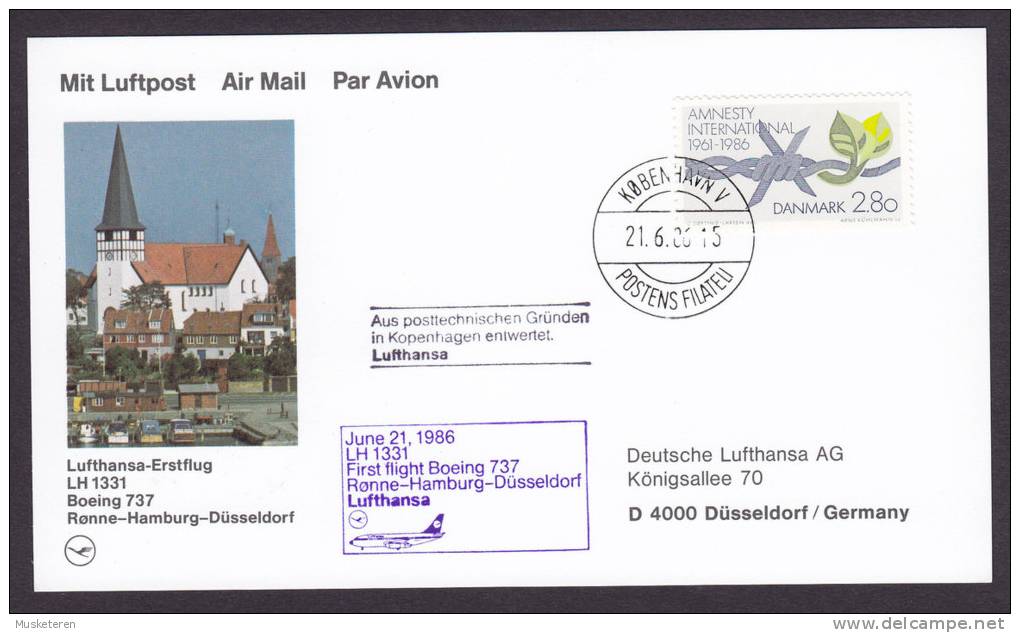 Denmark Airmail Luftpost Par Avion Lufthansa-Erstflug 1st Flight 1986 Card RØNNE - DÜSSELDORF Germany - Poste Aérienne