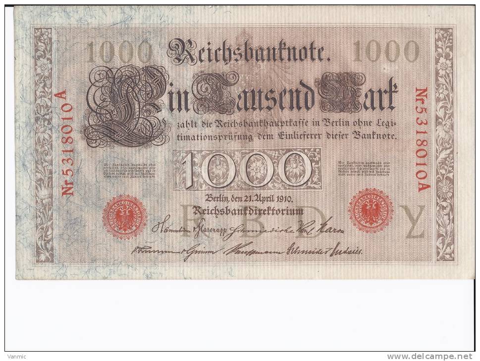 1910 A - Billet 1000 Mark - Allemagne - Série A - N° 5318010A - 1.000 Mark