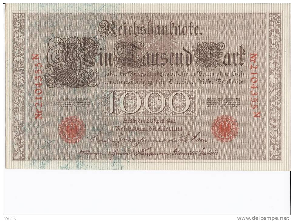 1910 N - Billet 1000 Mark - Allemagne - Série N - N° 2104355N - 1.000 Mark