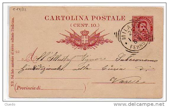 Intero Postale UMBERTO I (Filag. C17) Millesimo 92 Per Varese - Tondo Riquadrato Di Milano - Interi Postali