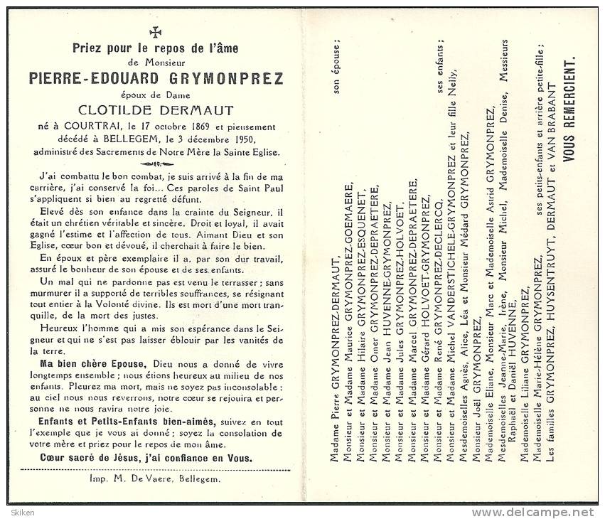 COURTRAI  BELLEGEM  PIERRE EDOUARD  GRYMONPREZ  17.10.1869 - 3.12.1950 - Images Religieuses