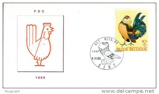 BELGIQUE:1969:N°1513 FDC.Coq Nain Barbu D´Anvers.Oblit.Gent 8-11-69 Et Coq.Parfait état. - Hühnervögel & Fasanen
