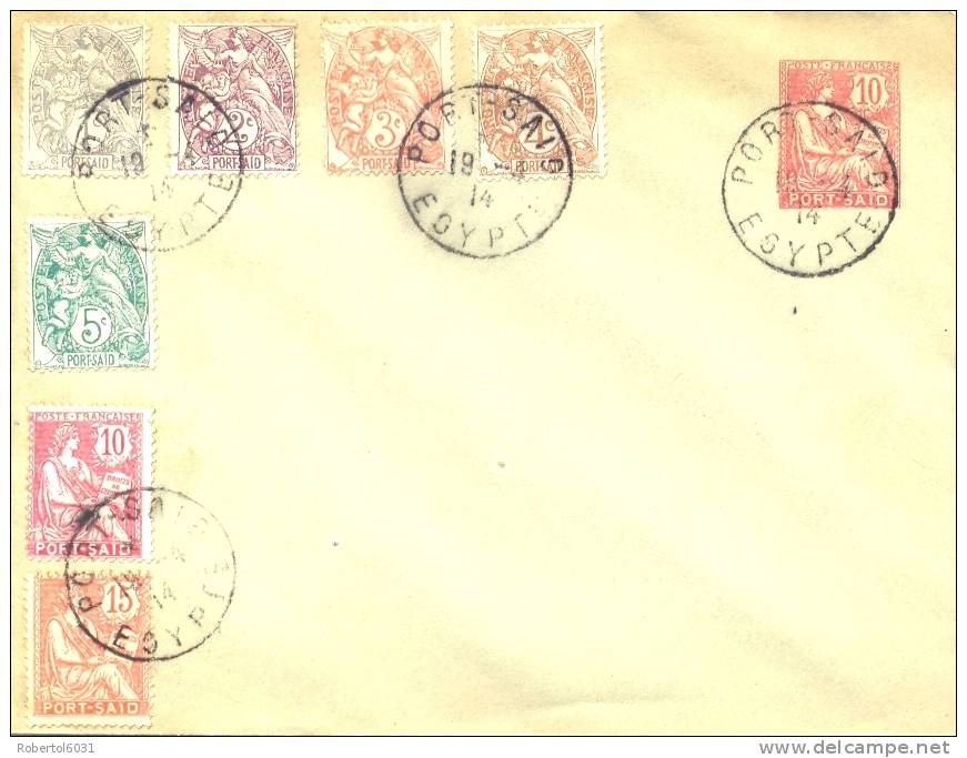 Egypt 1914 French Post Office Of Port Said Postal Stationery Envelope 10 C. With Seven Stamps And Cancel 19/4 Unused - Lettres & Documents