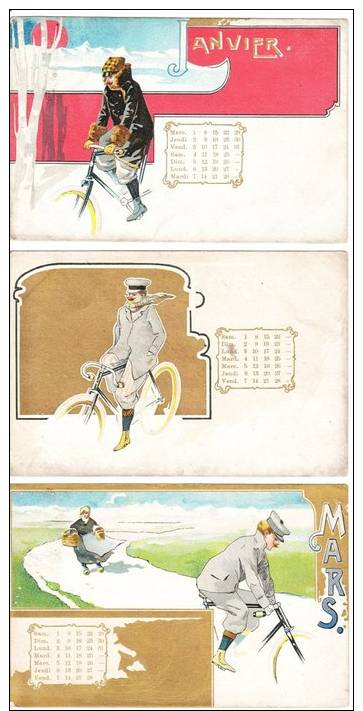 Serie Complet 12 Cartes Postales Mois Année 1902 Cyclisme Cycling Jugendstil Art Nouveau - Cycling