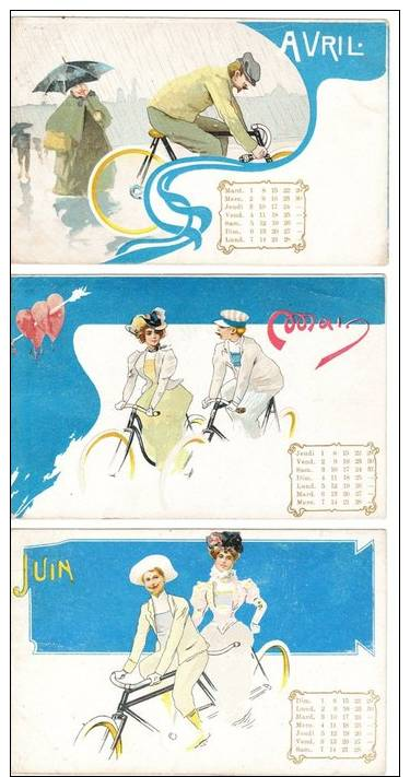 Serie Complet 12 Cartes Postales Mois Année 1902 Cyclisme Cycling Jugendstil Art Nouveau - Cycling