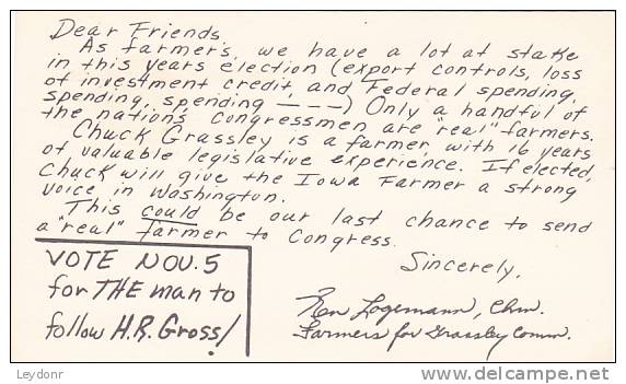 Postal Card - Samuel Adams - Scott # UX66 - Chuck Grassley For Congress - 1961-80