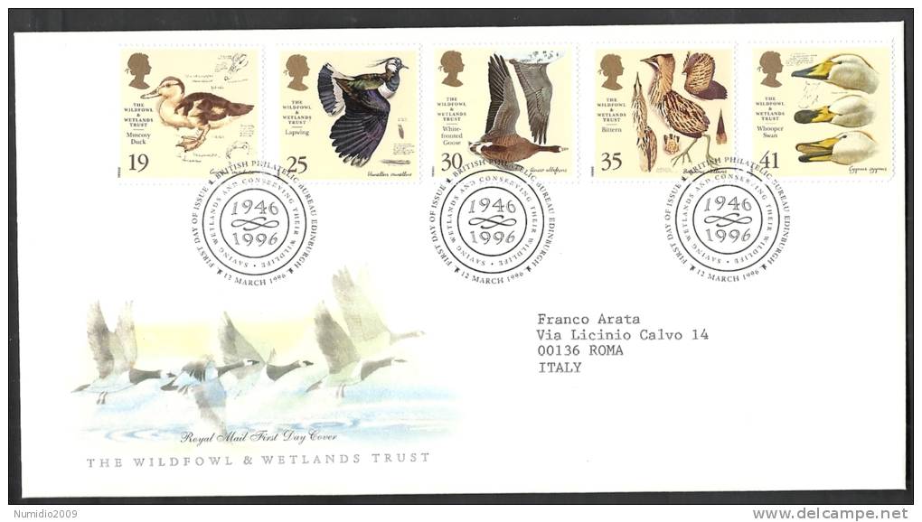 1996 GB FDC THE WILDFOWL &  WETLANDS TRUST - 001 - 1991-2000 Em. Décimales