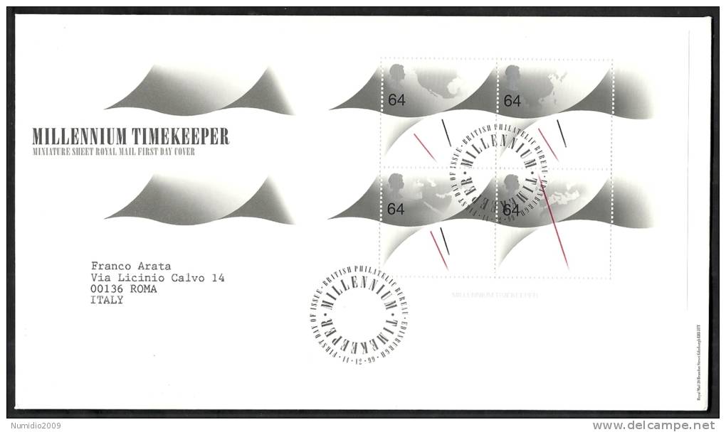 1999 GB FDC MILLENNIUM TIMEKEEPER SHEET  - 005 - 1991-00 Ediciones Decimales