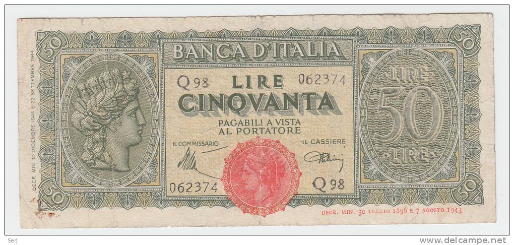 Italy 50 Lire 1944 ""F+"" Crispy Banknote P 74 - 50 Lire