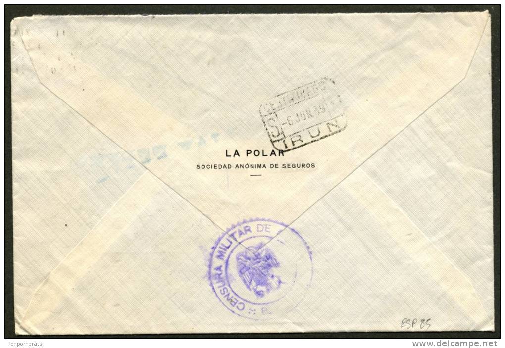 GUERRE D'ESPAGNE (SPANISH WAR) Enveloppe  RECOMMANDEE AFrt 2 Timbres Oblt CERTIFICADO BILBAO Pour PARIS + CENSURE BILBAO - Storia Postale