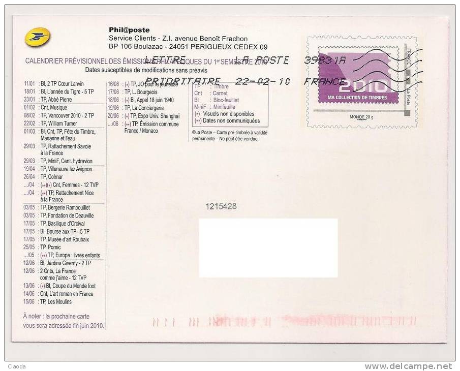 10551 - Entier Postal - LA POSTE - PROGRAMME 2010 - Prêts-à-poster:Stamped On Demand & Semi-official Overprinting (1995-...)