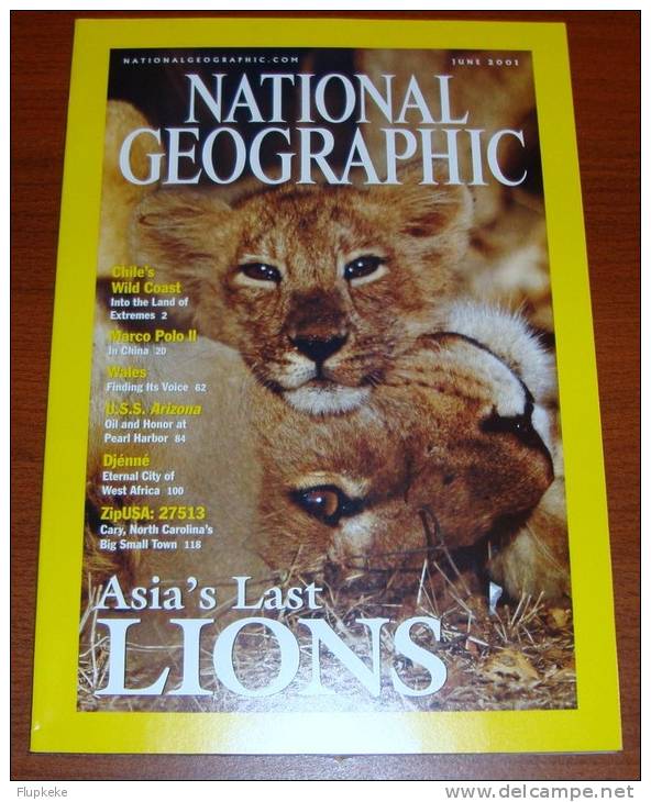 National Geographic U.S. June 2001 Asia Last Lions Chile Wild Coast Marco Polo 2 Wales U.S.S. Arizona - Travel/ Exploration