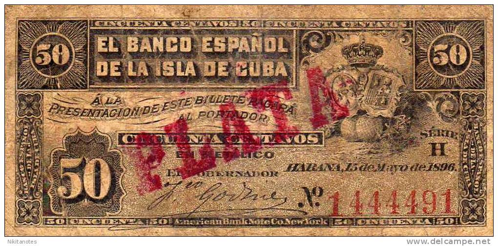 CUBA -1896 50 Cincuenta Centavos Banknote - PLATA - Cuba