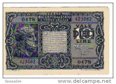 BILLET ITALIE - P.32 - (VOIR SIGNATURES) - 10 LIRES - 1944 - Italia – 5 Lire