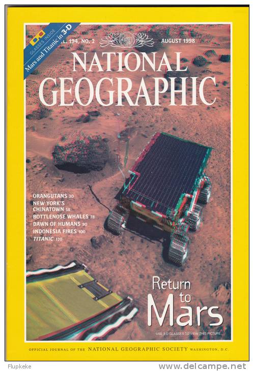 National Geographic U.S. August 1998 Mars And Titanic In 3-D With Glasses Return To Mars Titanic New York´s Chinatown - Reisen