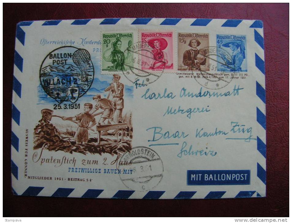 == Ballopost Villach 1951 , Trachten 4xfach Brief In Die Schweiz - Per Palloni