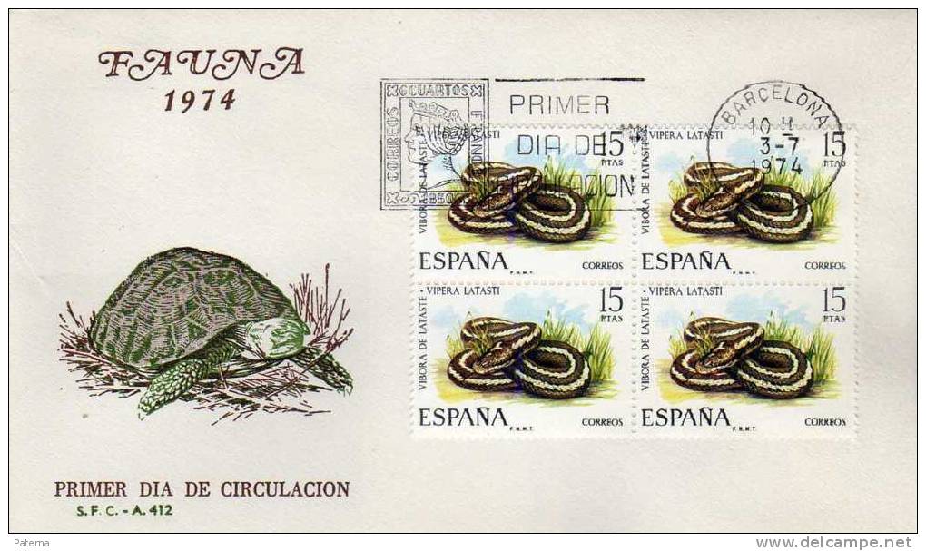 L- FDC, Barcelona 1974 ,Fauna, Bloque De 4,  Nº 2196 - Snakes
