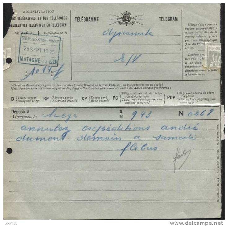 CHEMINS DE FER PRIVES DE CHIMAY - Télégramme Obl. Bleue CH FER CHIMAY/MATAGNE LA GRANDE 1925. Rare - Chemin De Fer De Chimay