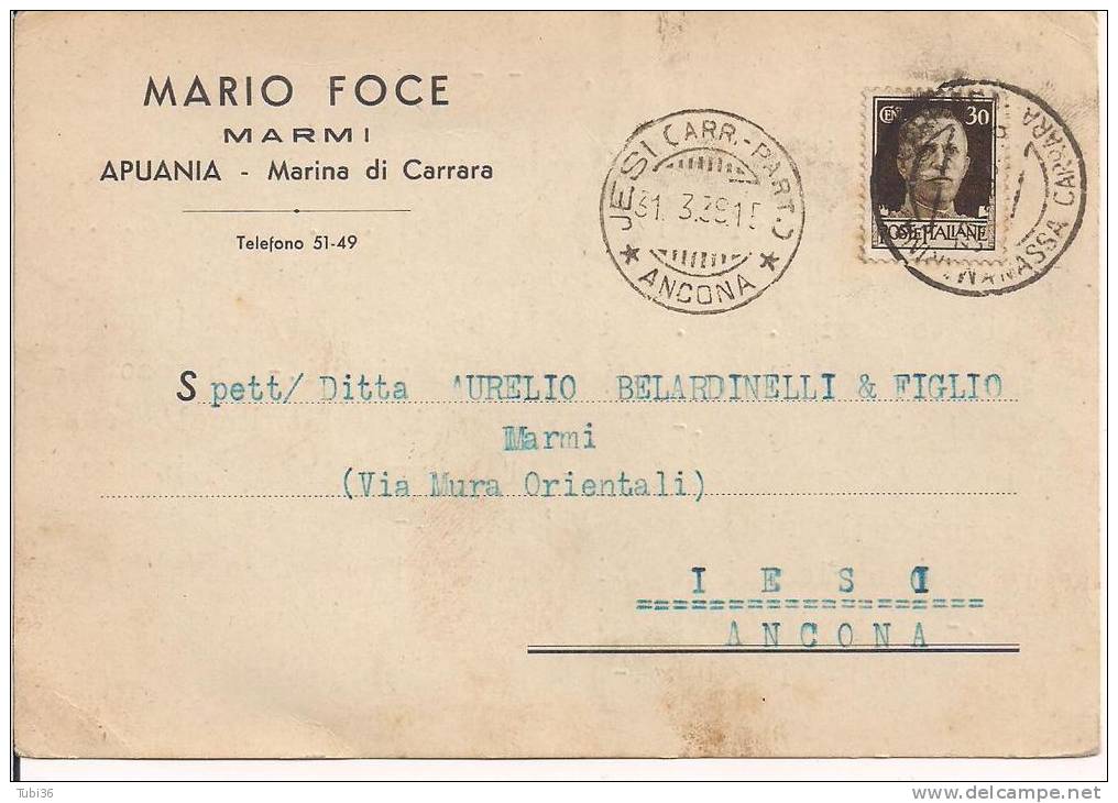 FOCE - MARINA DI CARRARA - CARTOLINA COMMERCIALE VIAGGIATA  1939 - TIMBRO POSTE MARINA DI CARRARA/MASSA CARRARA - IESI A - Carrara