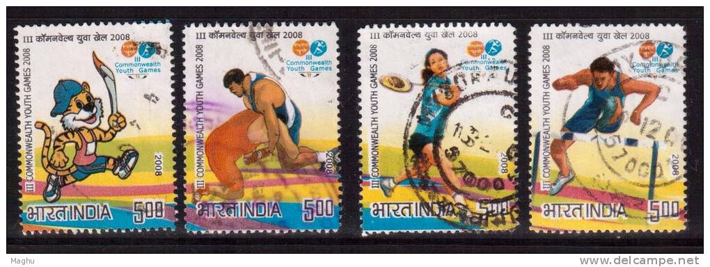 India Used 2008, Set Of 4, Commonwealth Youth Games, Sports,  Mascot, Wrestling, Badminton, Athletics. - Oblitérés