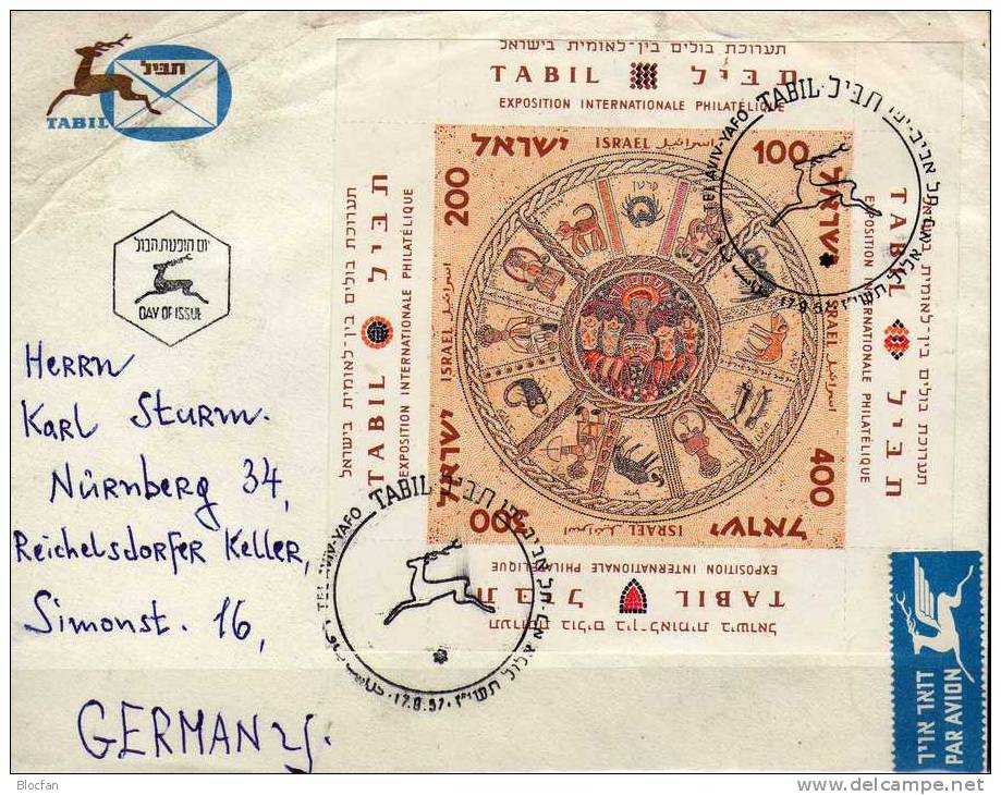 BMA TABIL 1957 Israel Block 2 SST 5€ Auf Bedarfs-Brief Tierkreiszeichen Mosaik In Synagoge Bloc Philatelic Sheet Of Asia - Briefe U. Dokumente